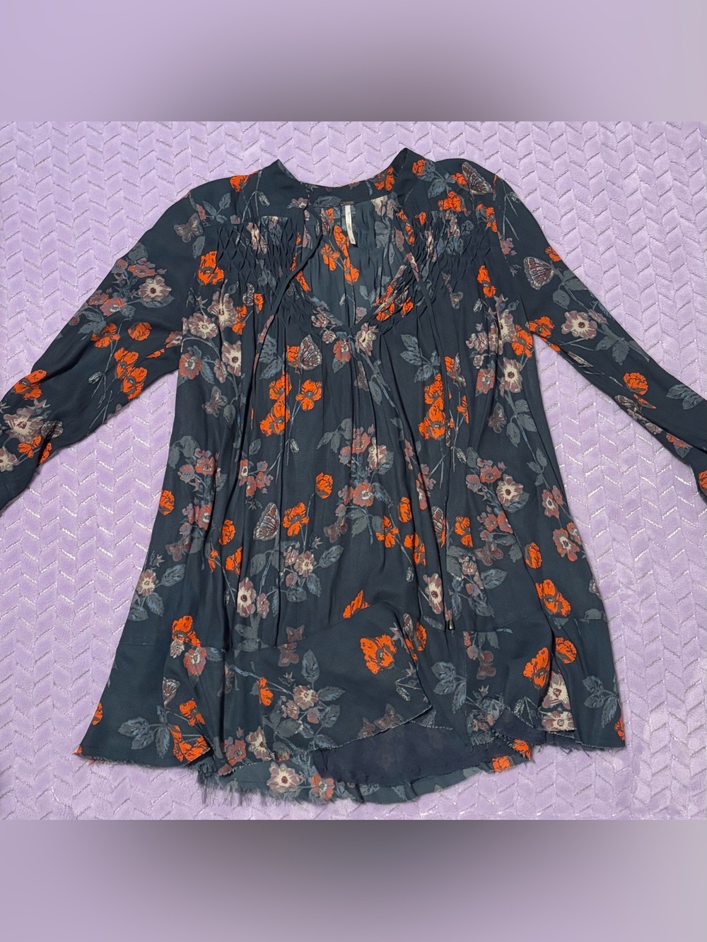Free People Navy Floral Blouse Orange & Gray Flowers (Oversized)